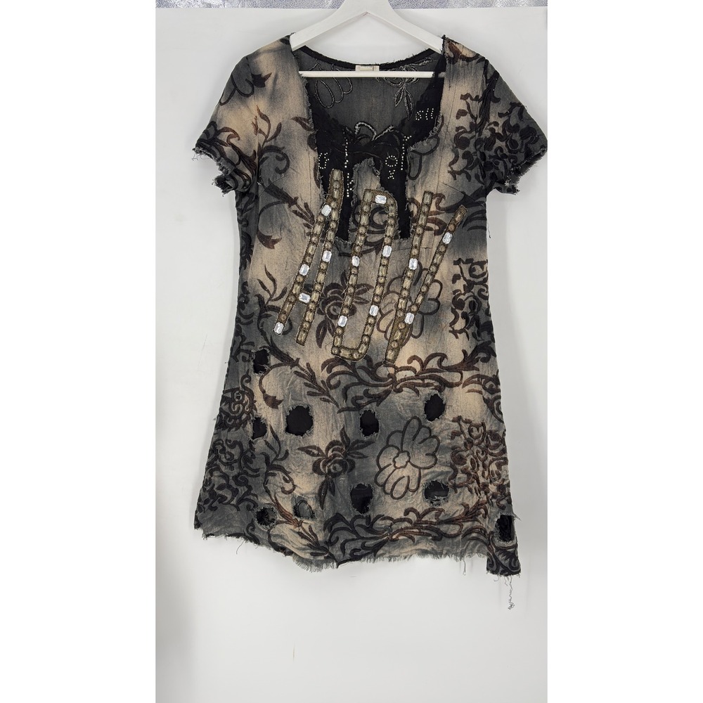 Vintage YY Women's Beige & Black Floral Embellished Distressed Mini Dress Y2k‎ M